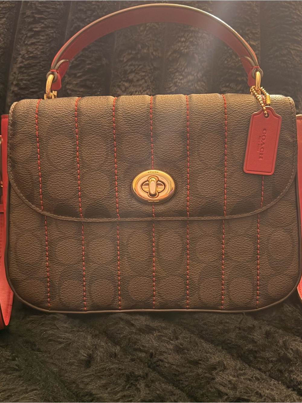 Coach Brown Satchel with Red Trim and Gold Hardware